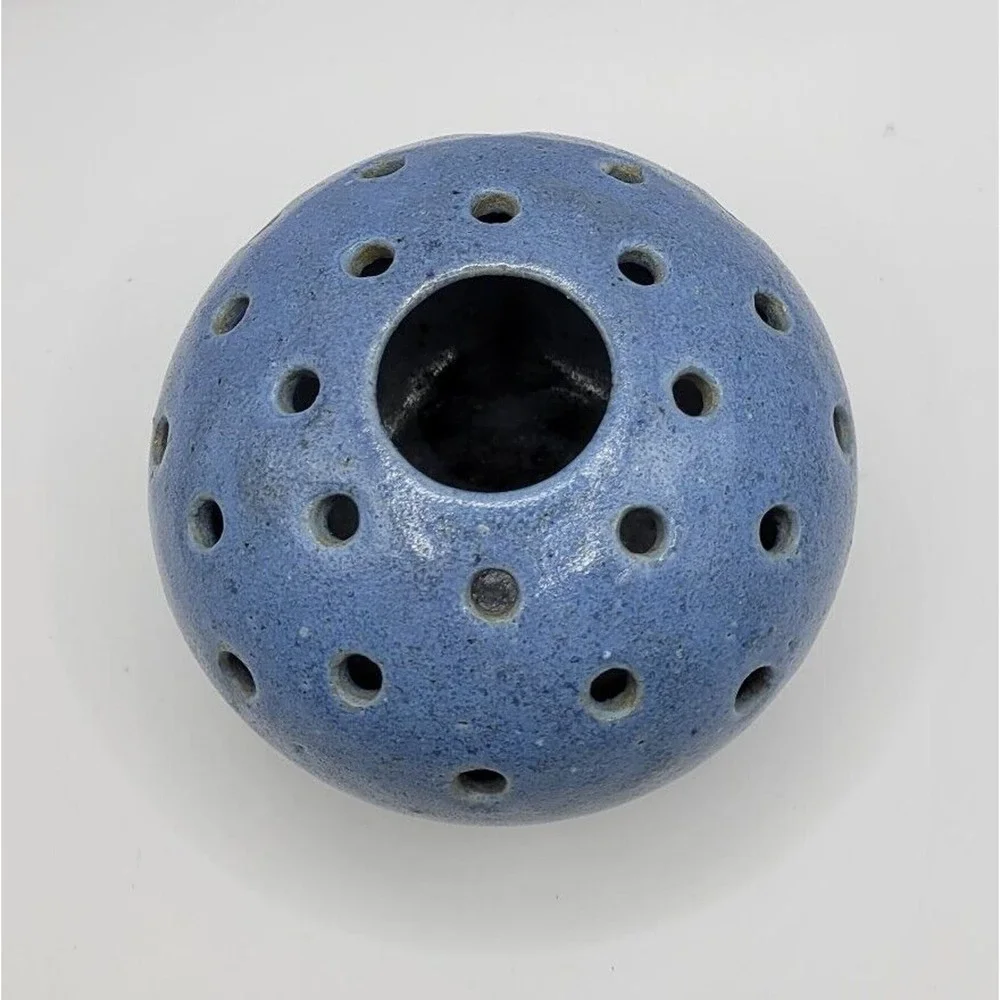 Vintage 1993 Studio Pottery Blue Flower Frog Vase Signed T Clark